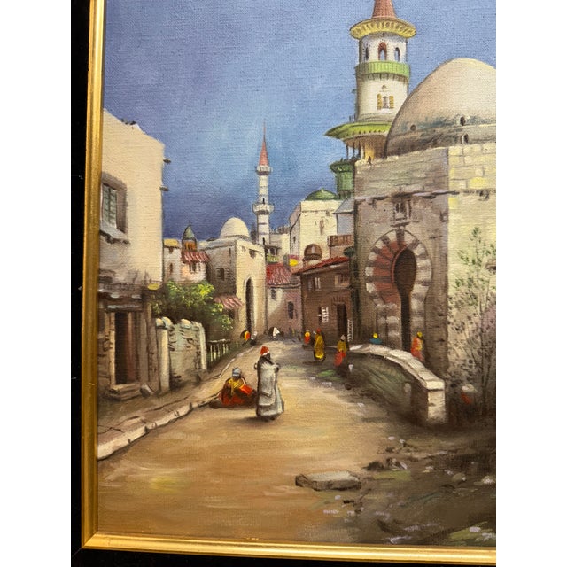 Figurative A Middle Eastern Oil on Canvas Painting of a Neighborhood For Sale - Image 3 of 5