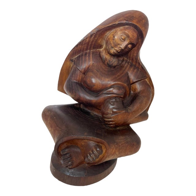 Early 20th Century Modernist Madonna and Child Hand Carved Wooden Folklore Sculpture, Crafted in Ecuador For Sale