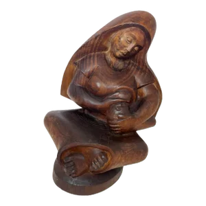 Early 20th Century Modernist Madonna and Child Hand Carved Wooden Folklore Sculpture, Crafted in Ecuador