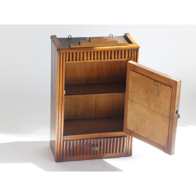 1920s Antique Art Deco Lacquered Oak Mirror Apothecary Cabinet with Carved Door, 1920s For Sale - Image 5 of 9