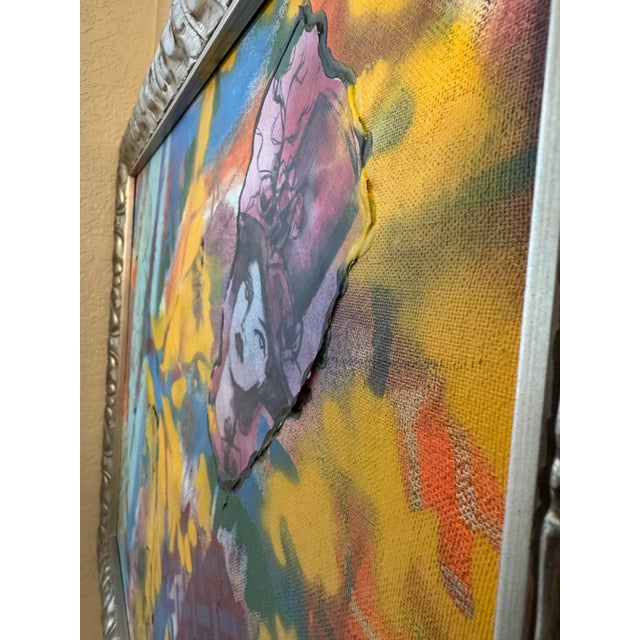 Large Vibrant Abstract Mixed Media Painting on Canvas Ornate Silver Frame Statement Art For Sale - Image 4 of 12