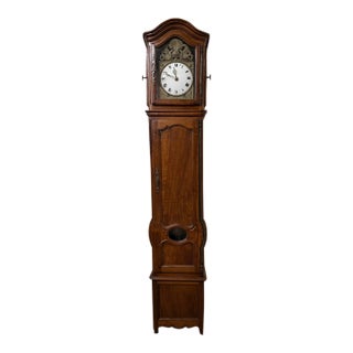 Early 19th Century Louis XV Style Country French Walnut Tall Case Clock With Morbier Movement & Porcelain Dial For Sale
