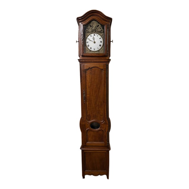 Early 19th Century Louis XV Style Country French Walnut Tall Case Clock With Morbier Movement & Porcelain Dial For Sale