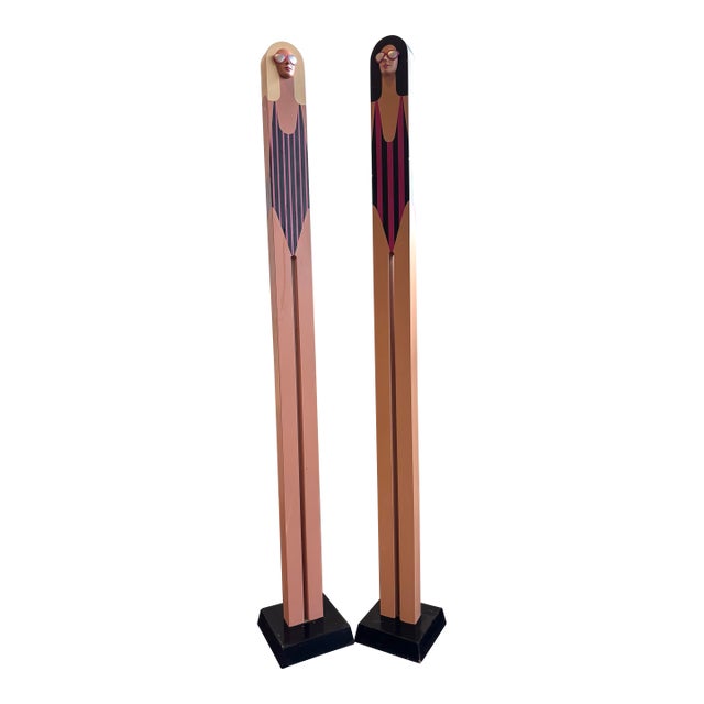 1980s Postmodern Tall Wooden Swimsuit Girls Painted Wooden Sculpture Pair by J.W. Eaton For Sale