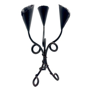 Hand Forged Iron Candelabra 20.5″ (52cm) Authentic Antique Copper Patina Finish Compact Artisanal Centerpiece For Sale