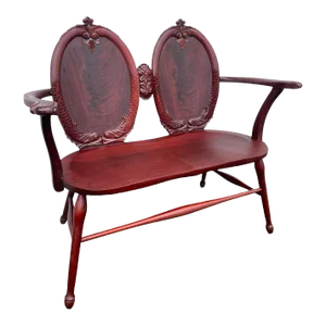 Antique Red Flame Mahogany Hand Carved Fish Scale Settee