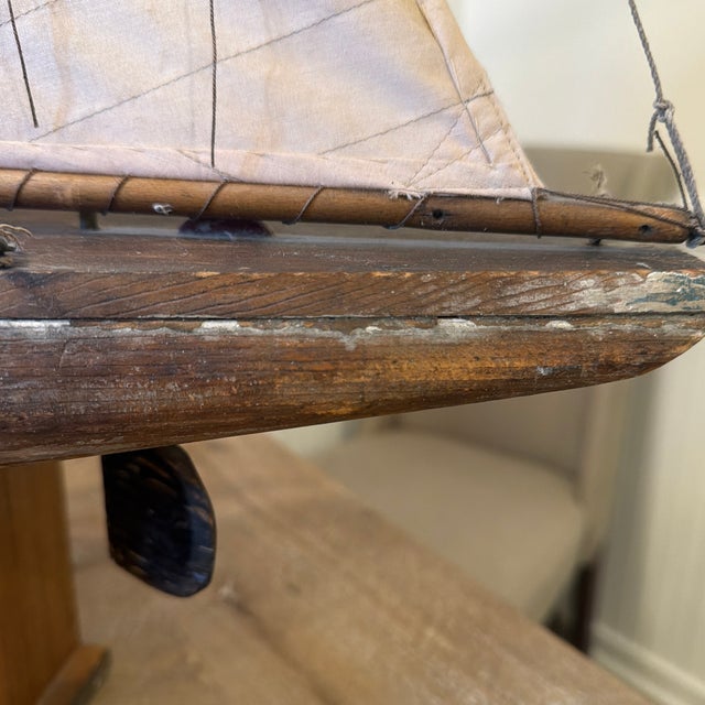 Early 20th Century Gaff-Rigged Carved Wood Pond Yacht on Custom Cradle For Sale - Image 4 of 12