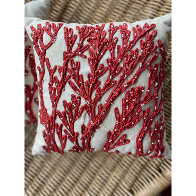 Pottery Barn Embroidered Pillows in Persimmon /Rust With Seed Pearls - a Pair For Sale - Image 4 of 11