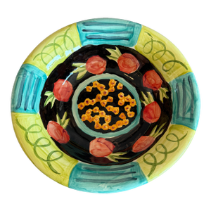 Contemporary Handcrafted Signed 12” Green Yellow Orange Black Ceramic Serving Bowl
