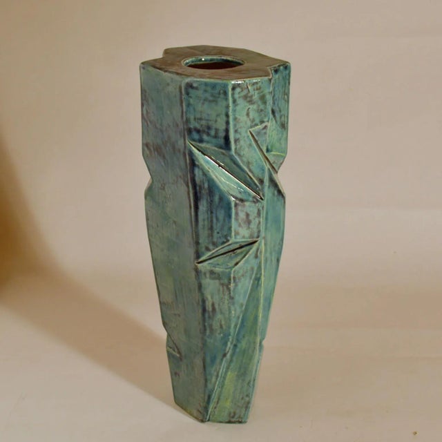 Beige Pottery Vases in Blue and Beige Glaze, Set of 2 For Sale - Image 8 of 14