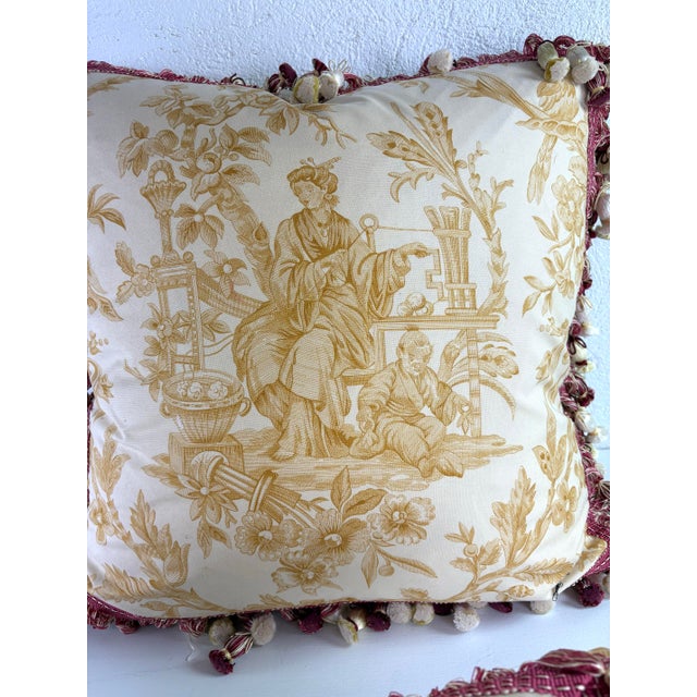 Chinoiserie Vintage Travers Tasseled Chinoiserie Cotton Print Pillows/a Pair. For Sale - Image 3 of 11