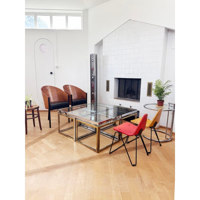 Maison Charles Style Brass / Chrome Glass Coffee Table & Nesting Tables, 60s 70s - Five Piece Set For Sale - Image 16 of 18