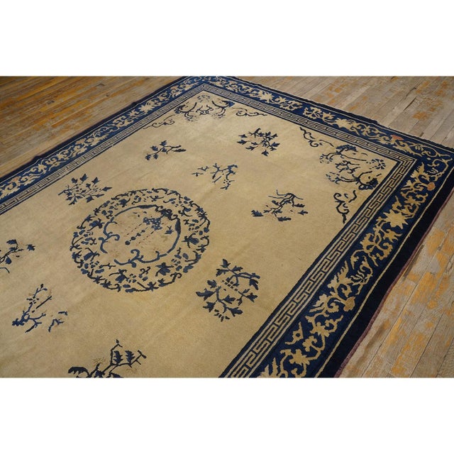 1920s Beige Medallion Greek Key Antique Chinese Peking Knotted Rug 6'2" X 8'8" For Sale In New York - Image 6 of 8