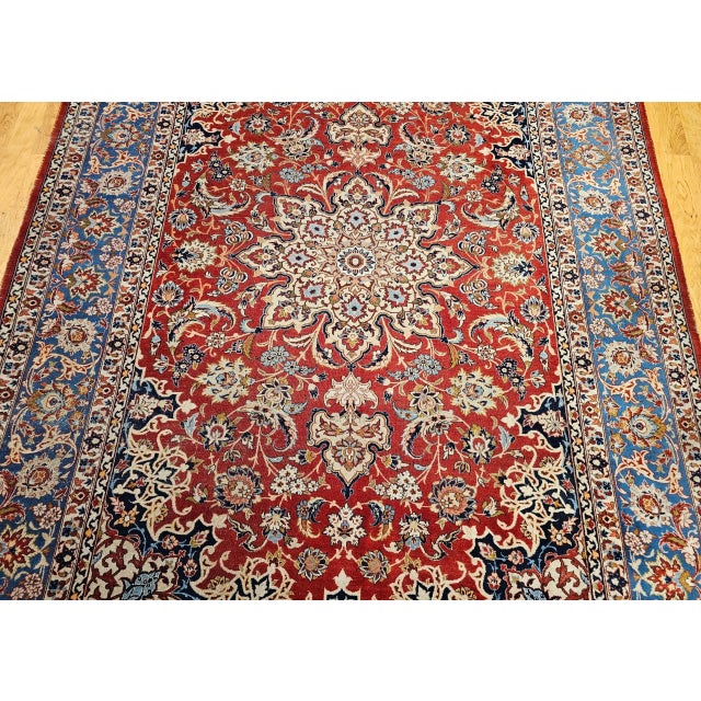 Textile Vintage Room Size Persian Isfahan Rug, Handwoven Floral Pattern, Red & Blue, 9’ X 12’ For Sale - Image 7 of 12