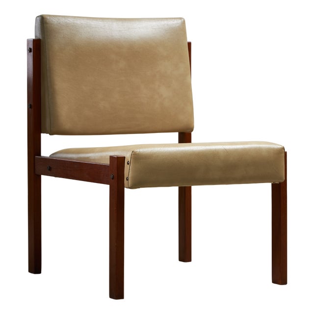 Angular Teak and Leather Chair with Copper Details, 1970s For Sale