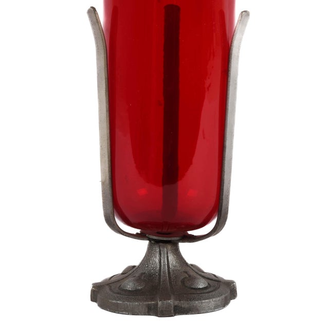 Gothic Antique Red Glass Sanctuary Candle Lamp With Cross Finial & Metal Base For Sale - Image 3 of 5