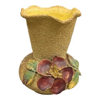 Vintage Italian Majolica Style Textured Ochre Pottery Vase With 3d Applied Floral Detail For Sale