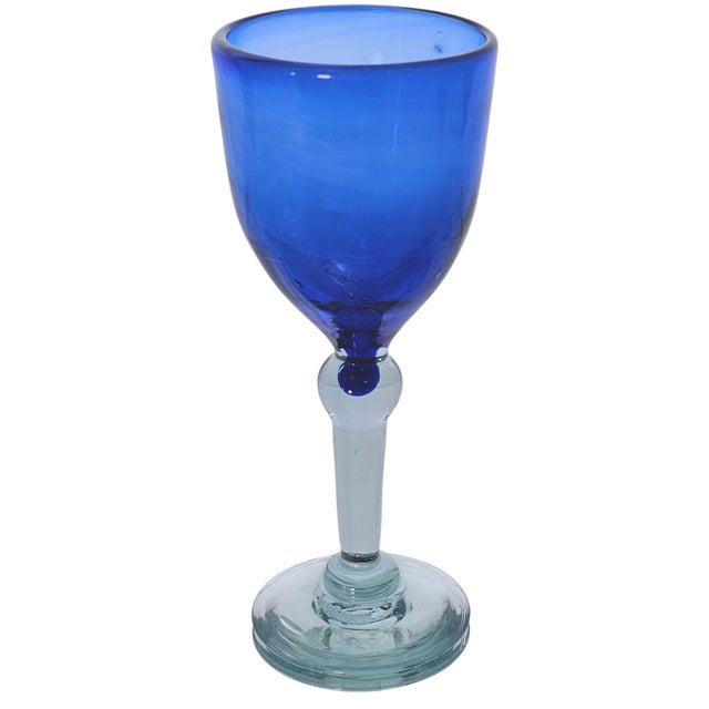Blue Late 20th Century Mexican Hand-Blown Cobalt Blue Wine Goblets With Aqua Stems 8" - Set of Six For Sale - Image 8 of 15