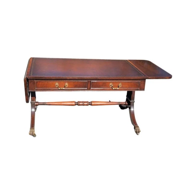 Traditional George Iii Style Two-Drawer Mahogany and Leather Top Inset Drop Leaf Coffee Table on Wheels For Sale - Image 3 of 12