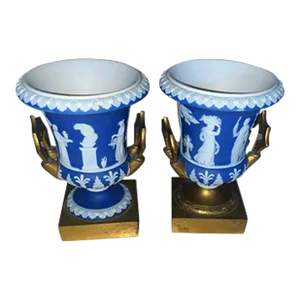 1920's Art Deco Wedgwood Urns With Brass Handle Detail - Smaller Size Signed a - Pair