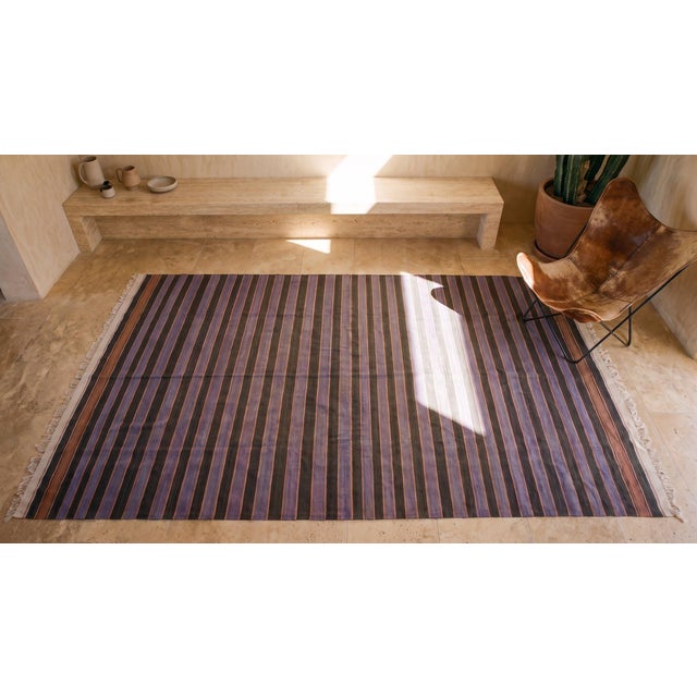Early 20th Century 1930s Purple Stripe Antique Indian Dhurrie Rug 11'5 X 15'8" Flat Weave Cotton Carpet For Sale - Image 5 of 7