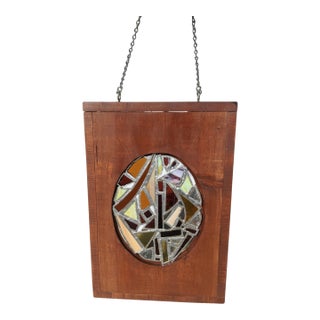 Vintage Handcrafted Abstract Leaded Stained Glass Wood Panel Wall Art For Sale