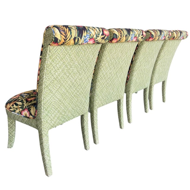 Late 20th Century Parsons Style Dining Chairs With Rounded Apron and Tapered Legs in Tropical Botanical Upholstery, Set of 4 For Sale - Image 5 of 12