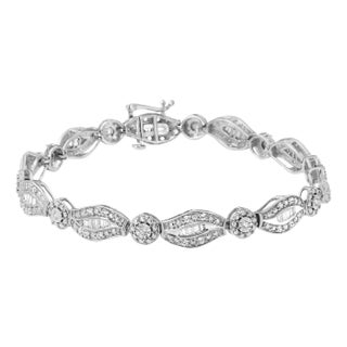 .925 Sterling Silver 1 cttw Diamond Double Leaf and Bezel Link Bracelet - Size 7.25" For Sale