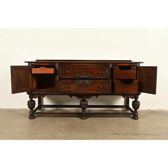 1920s Berkey & Gay Antique English Jacobean Carved Walnut and Burl Wood Sideboard, Circa 1920s For Sale - Image 5 of 14
