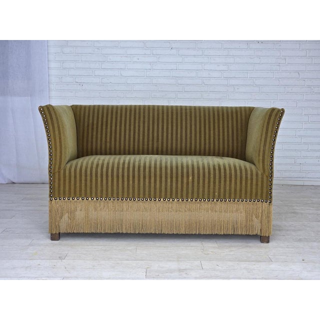 1970s, Danish 2-seater sofa. Original green furniture velour, beech wood legs, springs in the seat. Original good...