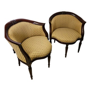 Elegant 1980s Southwood Mahogany Inlaid Upolstered Arm Chairs - a Pair For Sale