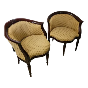 Elegant 1980s Southwood Mahogany Inlaid Upolstered Arm Chairs - a Pair
