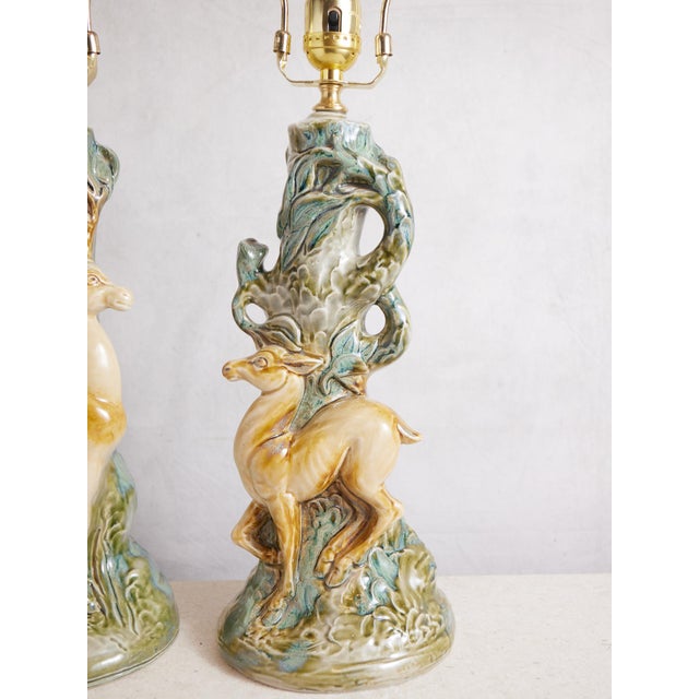Mid 20th Century Deer Ceramic Lamps With Majolica Style Glaze - a Pair For Sale In Dallas - Image 6 of 17