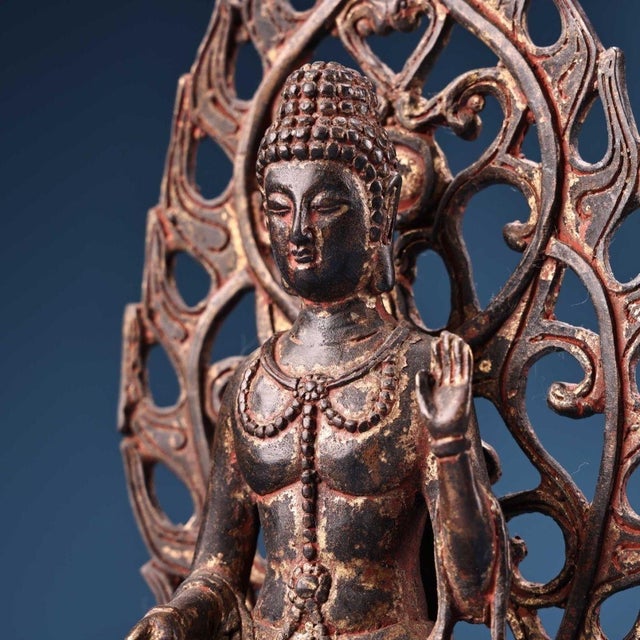 Metal Gilt Copper Guanyin Bodhisattva Statue With Openwork Mandorla Backplate, Lotus Throne For Sale - Image 7 of 10