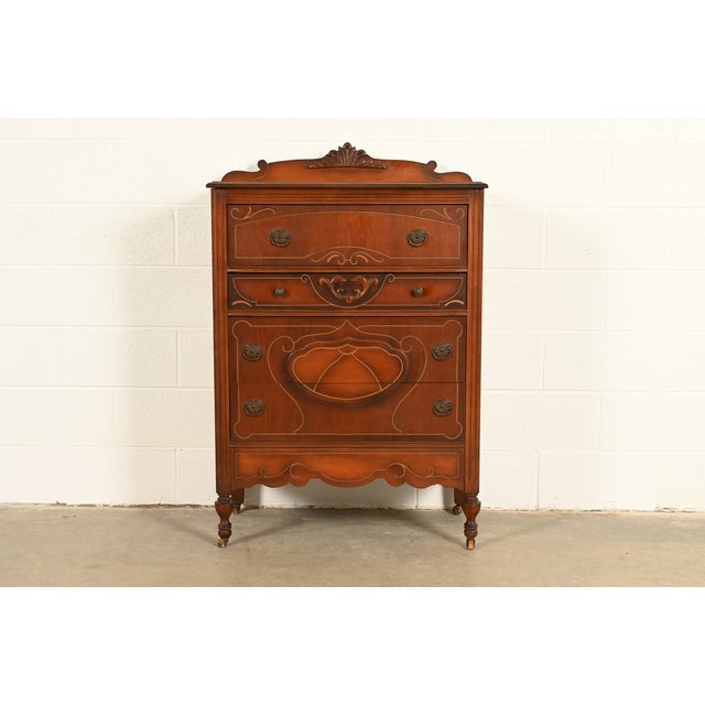 Berkey & Gay Style Antique Art Deco Carved Walnut Highboy Dresser, Circa 1930s For Sale - Image 11 of 11