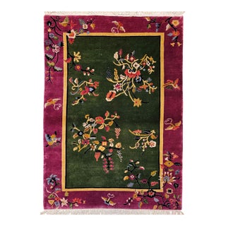 Vintage Chinese Art Deco Area Rug, Floral Design, Sage Green & Purple For Sale