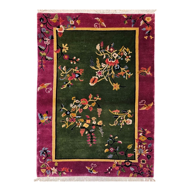 Vintage Chinese Art Deco Area Rug, Floral Design, Sage Green & Purple For Sale