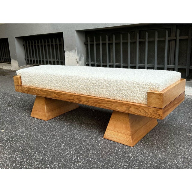 Light Wood Bench with Conical Legs and Grey Bouclé Fabric Sides, 2000s, in Flawless conditions. Designed from 2000