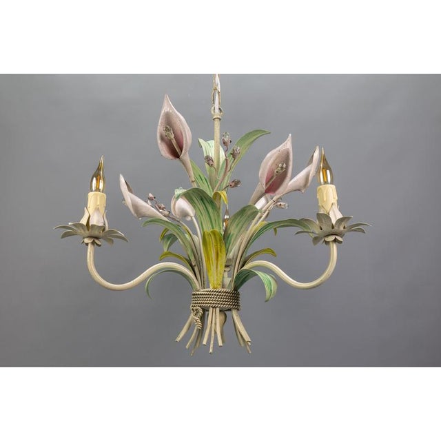 Hollywood Regency Pastel Color Callas Lily Flower Bouquet Metal Chandelier, 1970s For Sale - Image 4 of 18