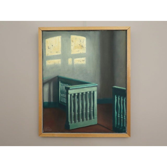 SUNLIT LANDING Size: 17.3 x 14.4 inches (including frame) Oil on canvas A quietly evocative mid-century interior painting...