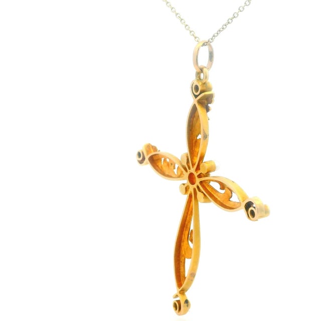 Art Nouveau Antique 1900s 18k Gold Cross Pendant With Diamonds & Pearls For Sale - Image 3 of 10