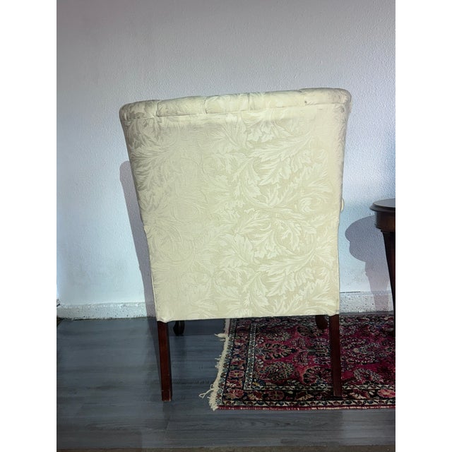 Vintage Wingback Accent Chair by Les Brown Furniture | Damask Upholstery & Wood Trim For Sale - Image 4 of 5