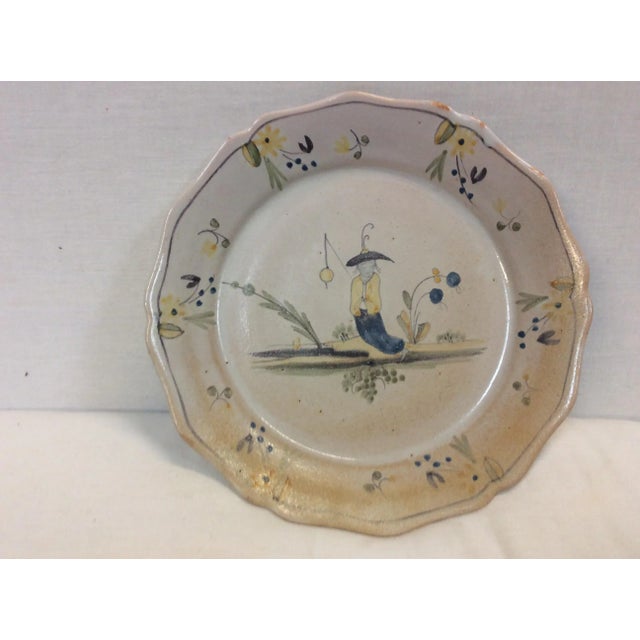 Farmhouse Asian Fishing Scene Painted Ceramic Plate For Sale - Image 3 of 4