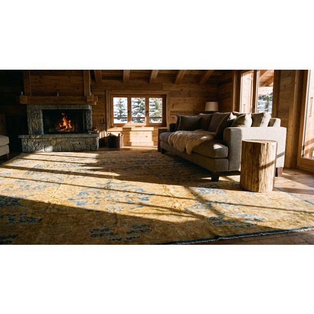 1920s Blue Navy Medallion Antique Indian Lahore Rug 14' X 23' Handknotted Wool Carpet For Sale In New York - Image 6 of 7