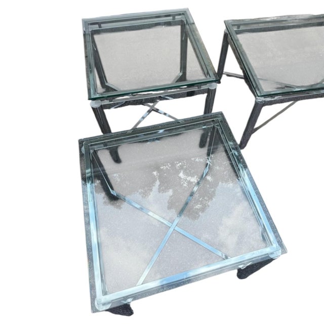 1970s 1970s Ultra-Modern 3-Piece Glass and Chrome Coffee Table & Two Matching End Tables. For Sale - Image 5 of 10