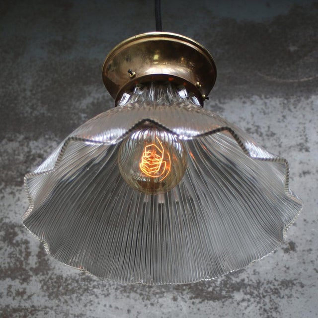 1940s Vintage Industrial Glass and Brass Pendant Light from Holophane For Sale - Image 5 of 8