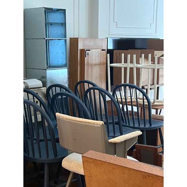 English Vintage Set of 8 Spindle Back Dining Chairs in Farrow & Ball Hague Blue For Sale - Image 3 of 13