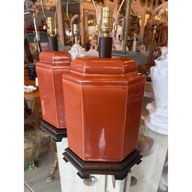 Vintage Pair of Orange Chinoiserie Ceramic Table Lamps Newly Wired For Sale - Image 10 of 12
