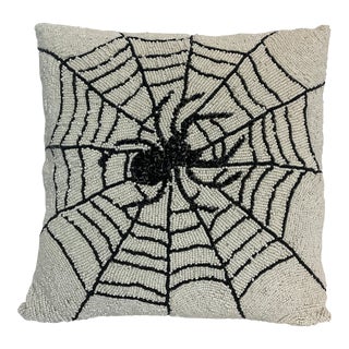 1990s Hollywood Regency Americana Hand-Beaded Spider and Web Decorative Pillow. For Sale