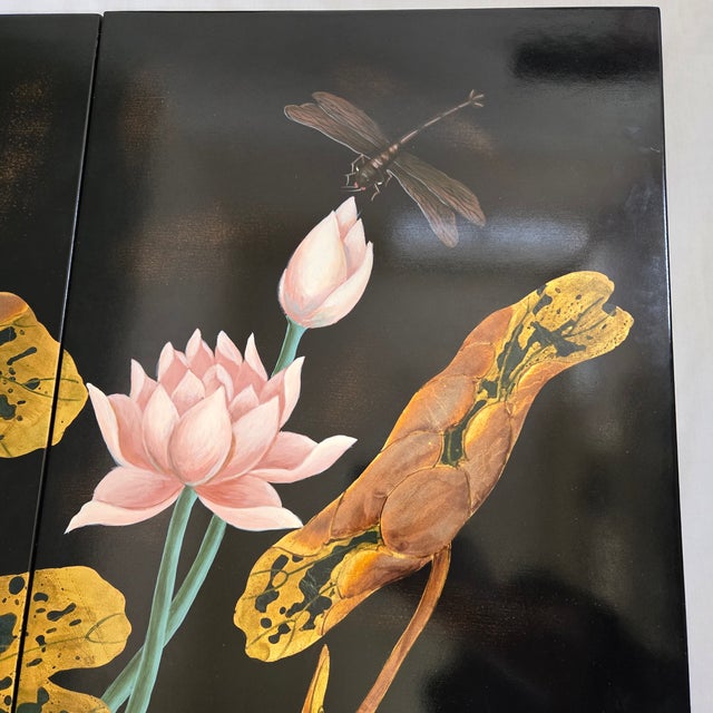 Black Mid 20th Century Two Panel Black Lacquered Koi Fish Lotus Flower With Dragon Fly Artist Signed For Sale - Image 8 of 15